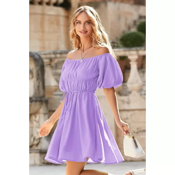 imagePRETTYGARDEN Womens Off The Shoulder Babydoll Dress Short Puff Sleeve Casual A Line Ruffle Summer DressesSolid Light Purple