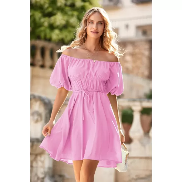 imagePRETTYGARDEN Womens Off The Shoulder Babydoll Dress Short Puff Sleeve Casual A Line Ruffle Summer DressesSolid Pink