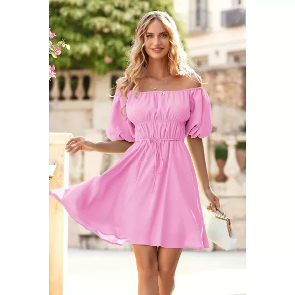 imagePRETTYGARDEN Womens Off The Shoulder Babydoll Dress Short Puff Sleeve Casual A Line Ruffle Summer DressesSolid Pink