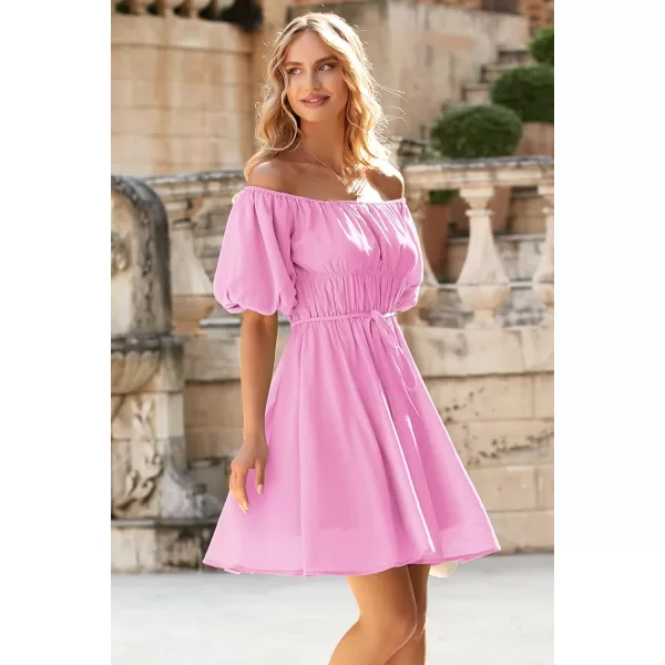imagePRETTYGARDEN Womens Off The Shoulder Babydoll Dress Short Puff Sleeve Casual A Line Ruffle Summer DressesSolid Pink