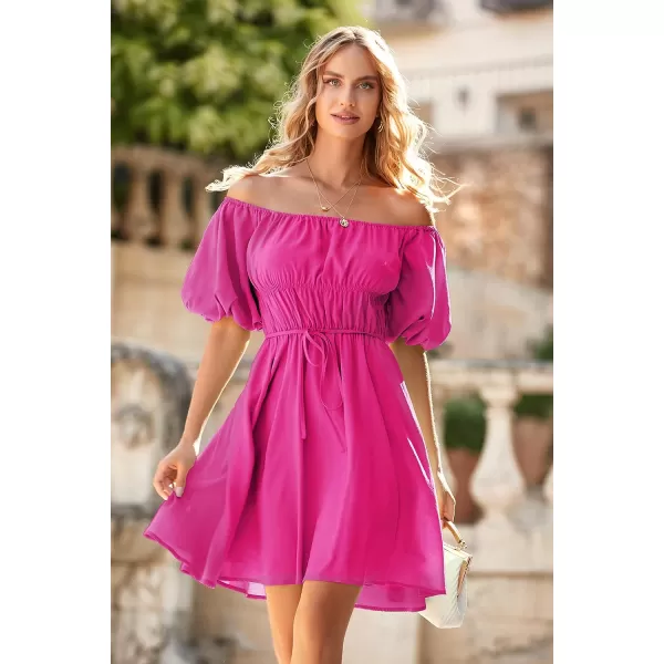 imagePRETTYGARDEN Womens Off The Shoulder Babydoll Dress Short Puff Sleeve Casual A Line Ruffle Summer DressesSolid Rose Red