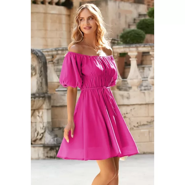 imagePRETTYGARDEN Womens Off The Shoulder Babydoll Dress Short Puff Sleeve Casual A Line Ruffle Summer DressesSolid Rose Red