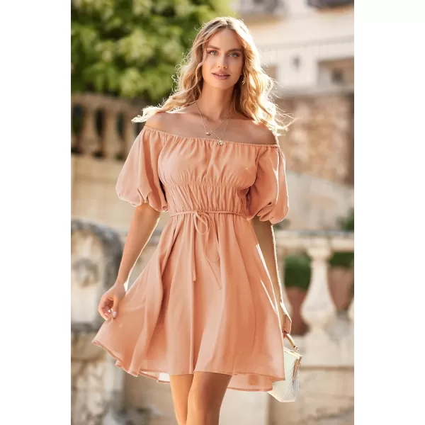 imagePRETTYGARDEN Womens Off The Shoulder Babydoll Dress Short Puff Sleeve Casual A Line Ruffle Summer DressesSolid Shrimp Pink
