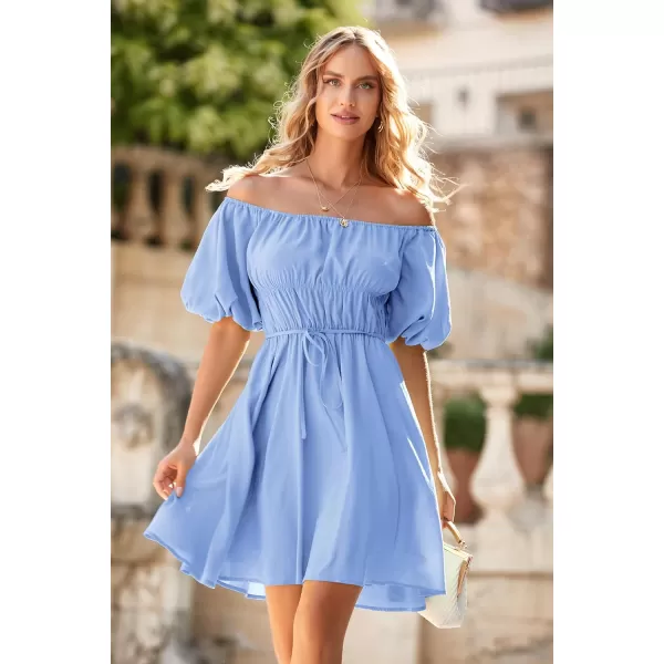 imagePRETTYGARDEN Womens Off The Shoulder Babydoll Dress Short Puff Sleeve Casual A Line Ruffle Summer DressesSolid Sky Blue