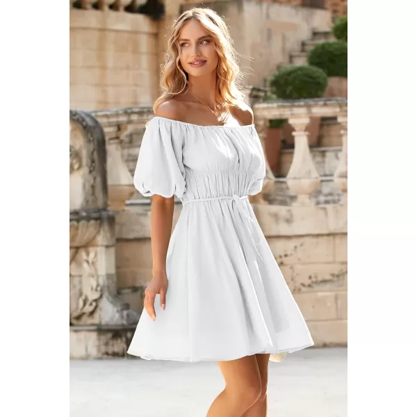 imagePRETTYGARDEN Womens Off The Shoulder Babydoll Dress Short Puff Sleeve Casual A Line Ruffle Summer DressesSolid White
