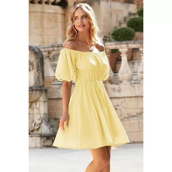 imagePRETTYGARDEN Womens Off The Shoulder Babydoll Dress Short Puff Sleeve Casual A Line Ruffle Summer DressesSolid Yellow