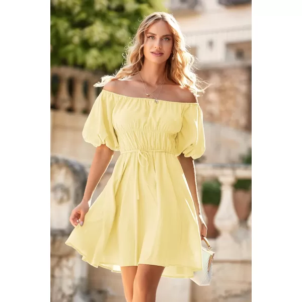 imagePRETTYGARDEN Womens Off The Shoulder Babydoll Dress Short Puff Sleeve Casual A Line Ruffle Summer DressesSolid Yellow
