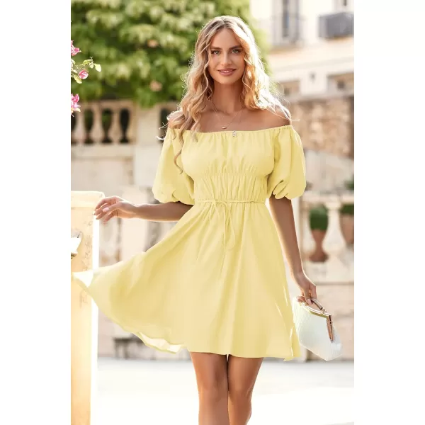 imagePRETTYGARDEN Womens Off The Shoulder Babydoll Dress Short Puff Sleeve Casual A Line Ruffle Summer DressesSolid Yellow