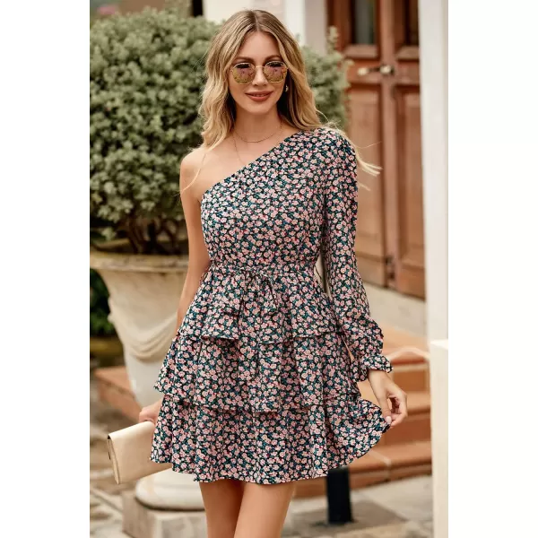 imagePRETTYGARDEN Womens One Shoulder Boho Floral Dress Elastic Waist Tiered Ruffle A Line Flowy Mini Belted DressesFloral Black Pink