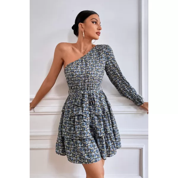 imagePRETTYGARDEN Womens One Shoulder Boho Floral Dress Elastic Waist Tiered Ruffle A Line Flowy Mini Belted DressesFloral Blue