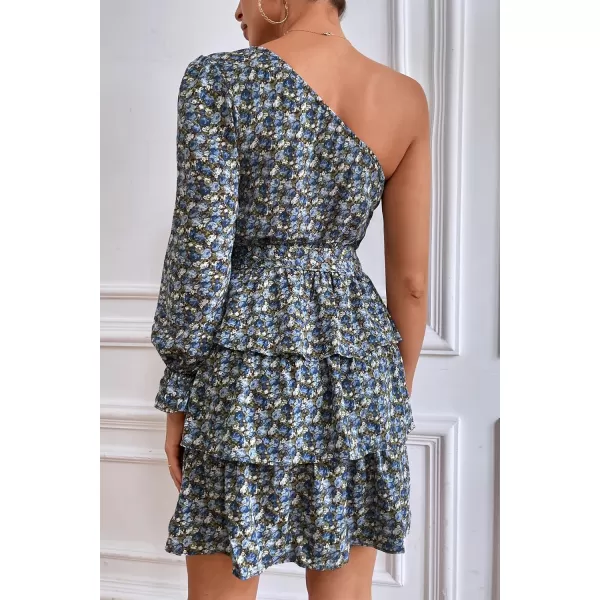 imagePRETTYGARDEN Womens One Shoulder Boho Floral Dress Elastic Waist Tiered Ruffle A Line Flowy Mini Belted DressesFloral Blue