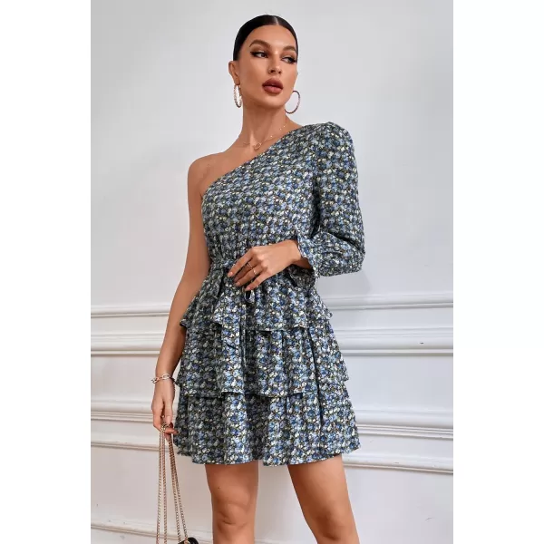 imagePRETTYGARDEN Womens One Shoulder Boho Floral Dress Elastic Waist Tiered Ruffle A Line Flowy Mini Belted DressesFloral Blue