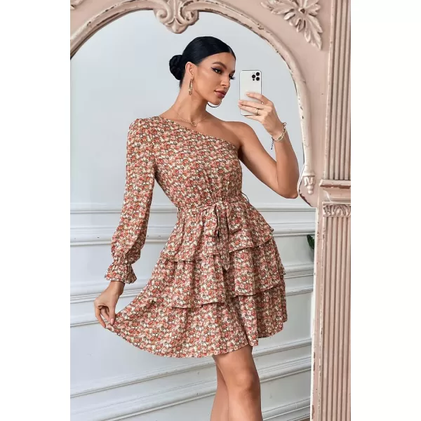 imagePRETTYGARDEN Womens One Shoulder Boho Floral Dress Elastic Waist Tiered Ruffle A Line Flowy Mini Belted DressesFloral Pink