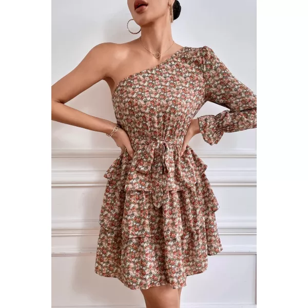 imagePRETTYGARDEN Womens One Shoulder Boho Floral Dress Elastic Waist Tiered Ruffle A Line Flowy Mini Belted DressesFloral Pink