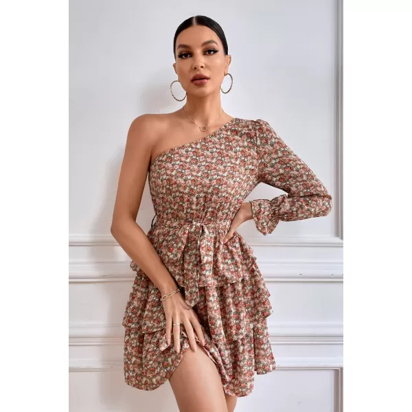 imagePRETTYGARDEN Womens One Shoulder Boho Floral Dress Elastic Waist Tiered Ruffle A Line Flowy Mini Belted DressesFloral Pink