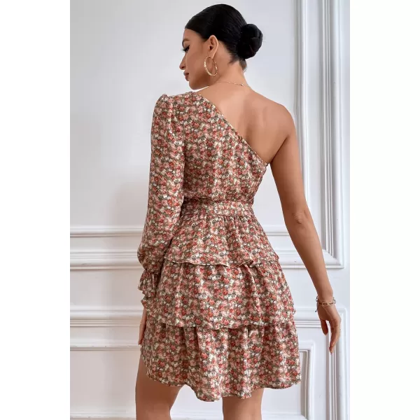 imagePRETTYGARDEN Womens One Shoulder Boho Floral Dress Elastic Waist Tiered Ruffle A Line Flowy Mini Belted DressesFloral Pink