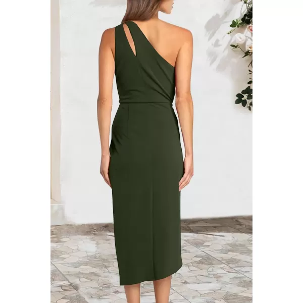 imagePRETTYGARDEN Womens One Shoulder Ruched Bodycon Dress 2024 Summer Cutout Slit Wrap Party Cocktail Midi DressesArmy Green