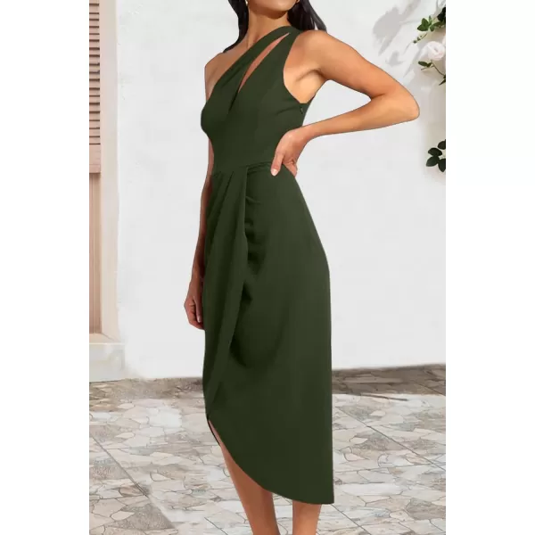 imagePRETTYGARDEN Womens One Shoulder Ruched Bodycon Dress 2024 Summer Cutout Slit Wrap Party Cocktail Midi DressesArmy Green
