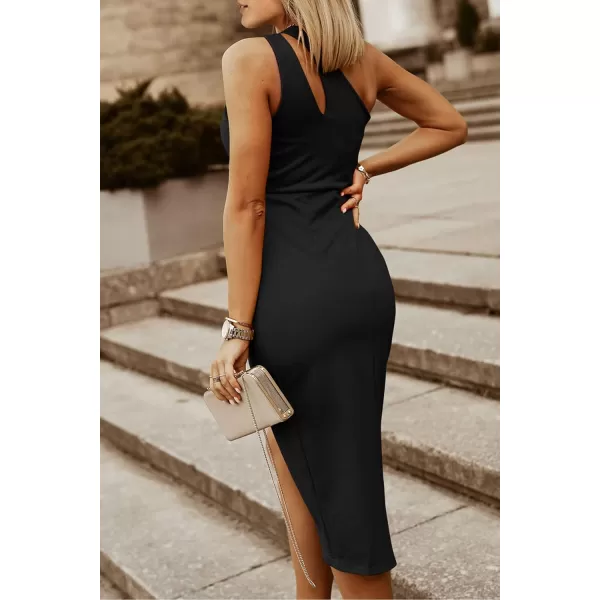 imagePRETTYGARDEN Womens One Shoulder Ruched Bodycon Dress 2024 Summer Cutout Slit Wrap Party Cocktail Midi DressesBlack