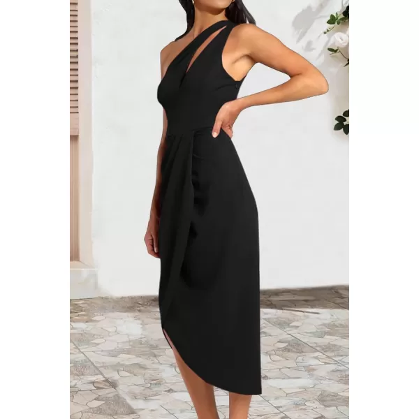 imagePRETTYGARDEN Womens One Shoulder Ruched Bodycon Dress 2024 Summer Cutout Slit Wrap Party Cocktail Midi DressesBlack