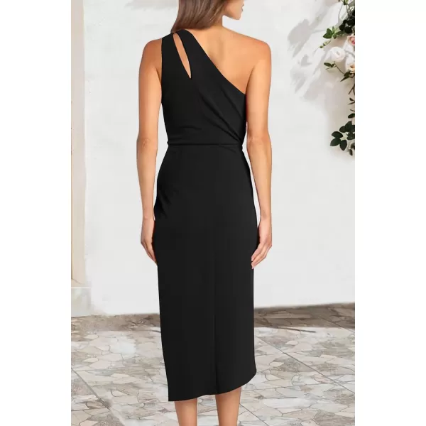 imagePRETTYGARDEN Womens One Shoulder Ruched Bodycon Dress 2024 Summer Cutout Slit Wrap Party Cocktail Midi DressesBlack