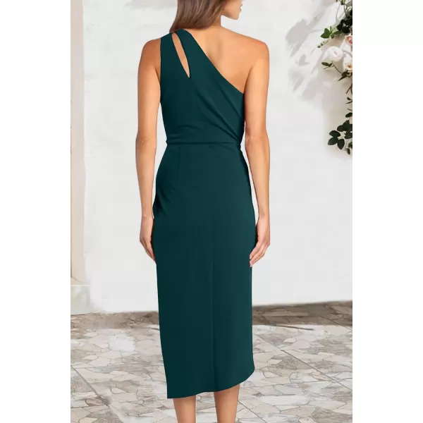 imagePRETTYGARDEN Womens One Shoulder Ruched Bodycon Dress 2024 Summer Cutout Slit Wrap Party Cocktail Midi DressesDark Green