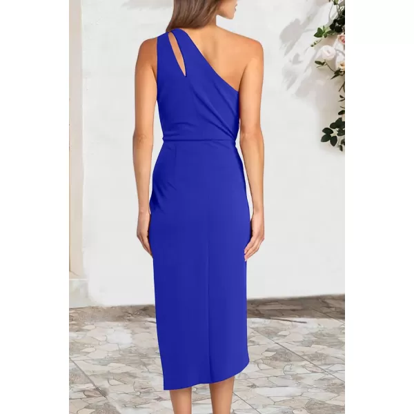 imagePRETTYGARDEN Womens One Shoulder Ruched Bodycon Dress 2024 Summer Cutout Slit Wrap Party Cocktail Midi DressesDark Royal Blue