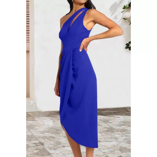 imagePRETTYGARDEN Womens One Shoulder Ruched Bodycon Dress 2024 Summer Cutout Slit Wrap Party Cocktail Midi DressesDark Royal Blue
