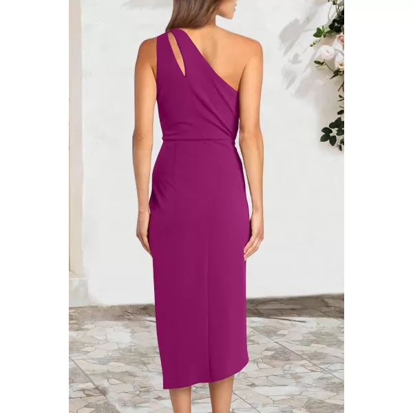 imagePRETTYGARDEN Womens One Shoulder Ruched Bodycon Dress 2024 Summer Cutout Slit Wrap Party Cocktail Midi DressesDeep Purple