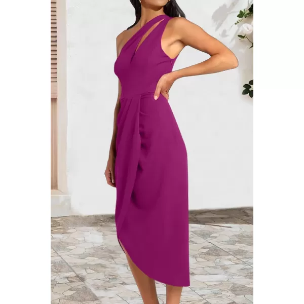 imagePRETTYGARDEN Womens One Shoulder Ruched Bodycon Dress 2024 Summer Cutout Slit Wrap Party Cocktail Midi DressesDeep Purple