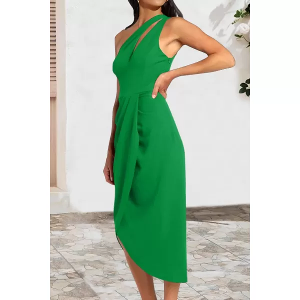 imagePRETTYGARDEN Womens One Shoulder Ruched Bodycon Dress 2024 Summer Cutout Slit Wrap Party Cocktail Midi DressesGrass Green