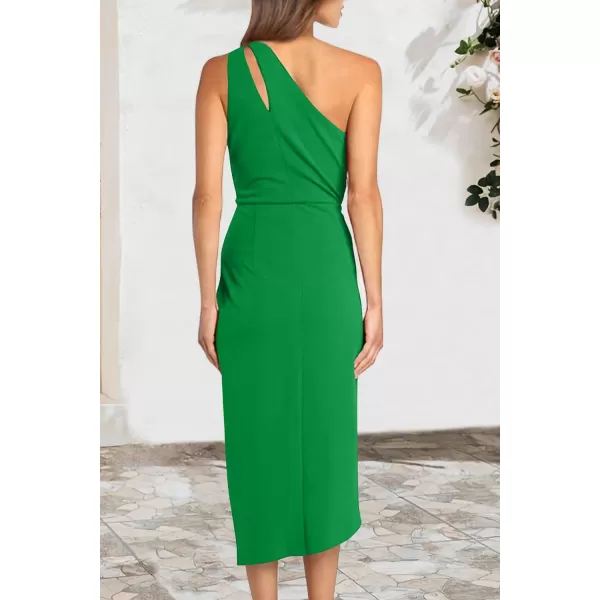 imagePRETTYGARDEN Womens One Shoulder Ruched Bodycon Dress 2024 Summer Cutout Slit Wrap Party Cocktail Midi DressesGrass Green