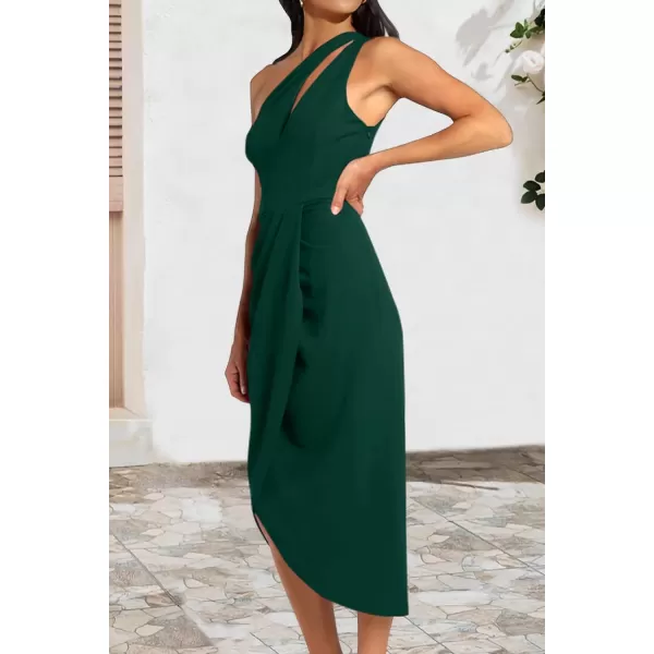 imagePRETTYGARDEN Womens One Shoulder Ruched Bodycon Dress 2024 Summer Cutout Slit Wrap Party Cocktail Midi DressesGreen