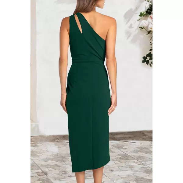 imagePRETTYGARDEN Womens One Shoulder Ruched Bodycon Dress 2024 Summer Cutout Slit Wrap Party Cocktail Midi DressesGreen