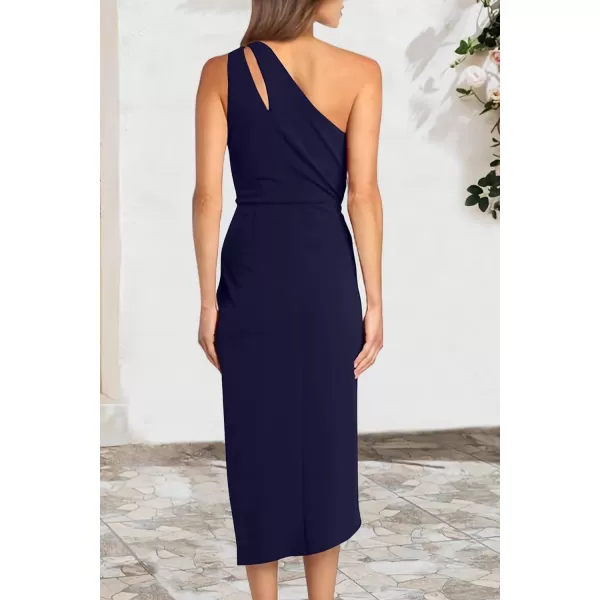 imagePRETTYGARDEN Womens One Shoulder Ruched Bodycon Dress 2024 Summer Cutout Slit Wrap Party Cocktail Midi DressesNavy