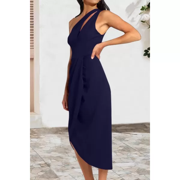 imagePRETTYGARDEN Womens One Shoulder Ruched Bodycon Dress 2024 Summer Cutout Slit Wrap Party Cocktail Midi DressesNavy