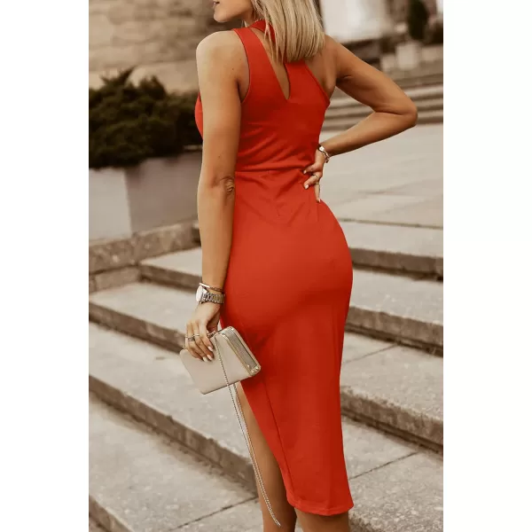 imagePRETTYGARDEN Womens One Shoulder Ruched Bodycon Dress 2024 Summer Cutout Slit Wrap Party Cocktail Midi DressesOrange Red