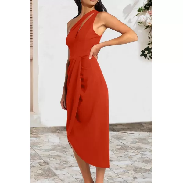 imagePRETTYGARDEN Womens One Shoulder Ruched Bodycon Dress 2024 Summer Cutout Slit Wrap Party Cocktail Midi DressesOrange Red