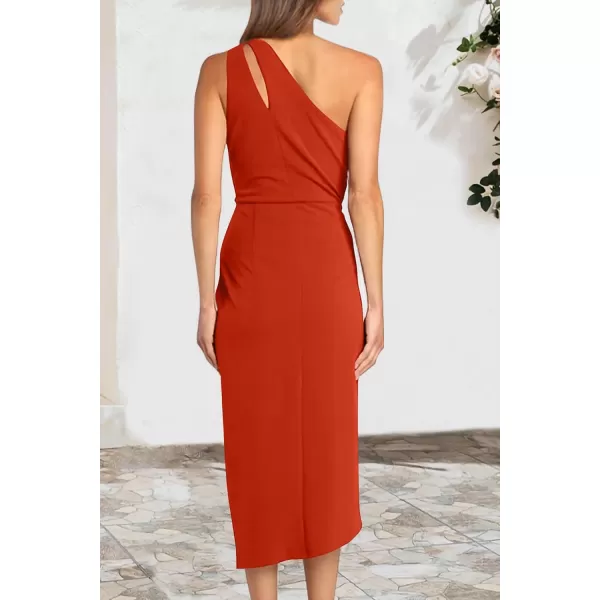 imagePRETTYGARDEN Womens One Shoulder Ruched Bodycon Dress 2024 Summer Cutout Slit Wrap Party Cocktail Midi DressesOrange Red