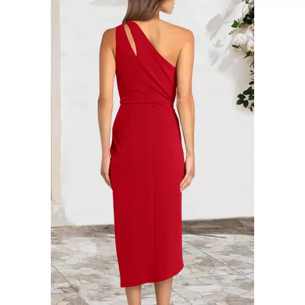imagePRETTYGARDEN Womens One Shoulder Ruched Bodycon Dress 2024 Summer Cutout Slit Wrap Party Cocktail Midi DressesRed