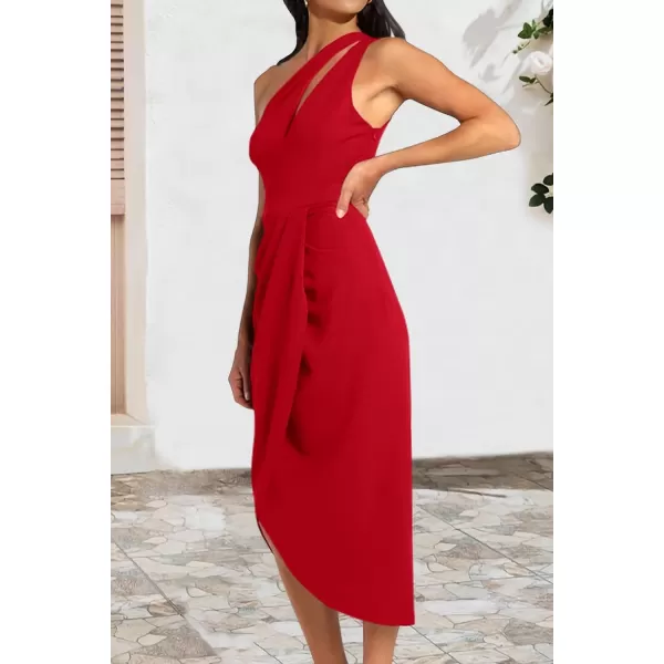 imagePRETTYGARDEN Womens One Shoulder Ruched Bodycon Dress 2024 Summer Cutout Slit Wrap Party Cocktail Midi DressesRed