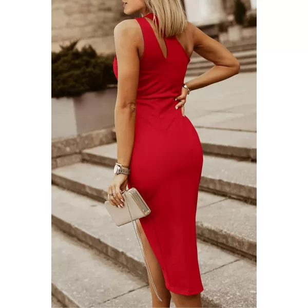 imagePRETTYGARDEN Womens One Shoulder Ruched Bodycon Dress 2024 Summer Cutout Slit Wrap Party Cocktail Midi DressesRed