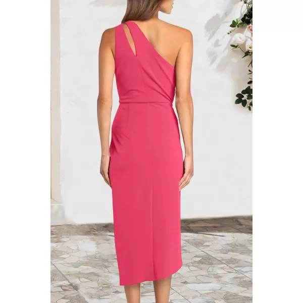 imagePRETTYGARDEN Womens One Shoulder Ruched Bodycon Dress 2024 Summer Cutout Slit Wrap Party Cocktail Midi DressesRose Pink