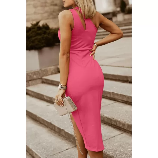 imagePRETTYGARDEN Womens One Shoulder Ruched Bodycon Dress 2024 Summer Cutout Slit Wrap Party Cocktail Midi DressesRose Pink