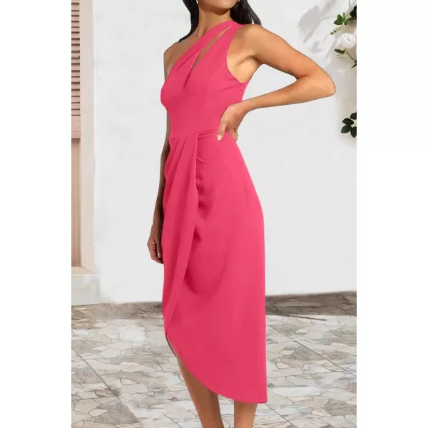 imagePRETTYGARDEN Womens One Shoulder Ruched Bodycon Dress 2024 Summer Cutout Slit Wrap Party Cocktail Midi DressesRose Pink