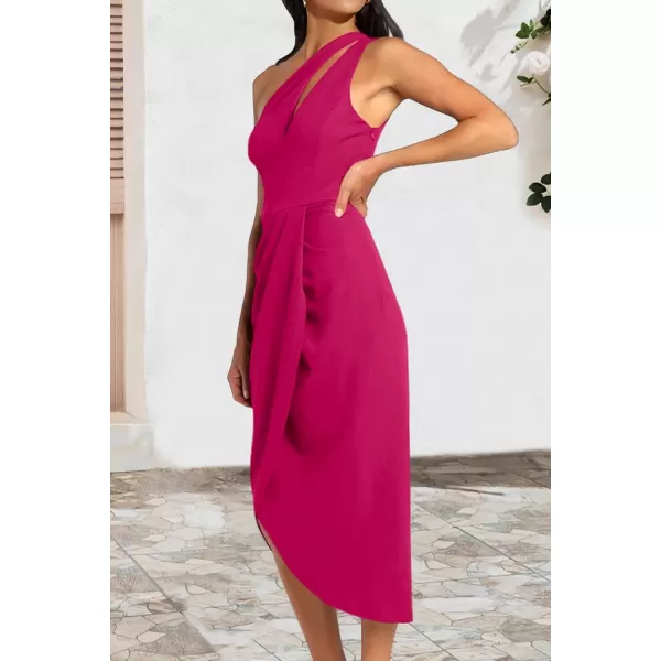 imagePRETTYGARDEN Womens One Shoulder Ruched Bodycon Dress 2024 Summer Cutout Slit Wrap Party Cocktail Midi DressesRose Red