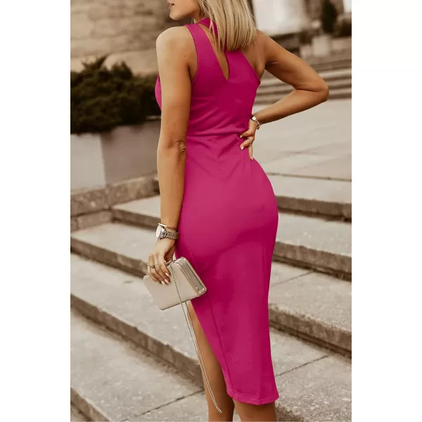 imagePRETTYGARDEN Womens One Shoulder Ruched Bodycon Dress 2024 Summer Cutout Slit Wrap Party Cocktail Midi DressesRose Red