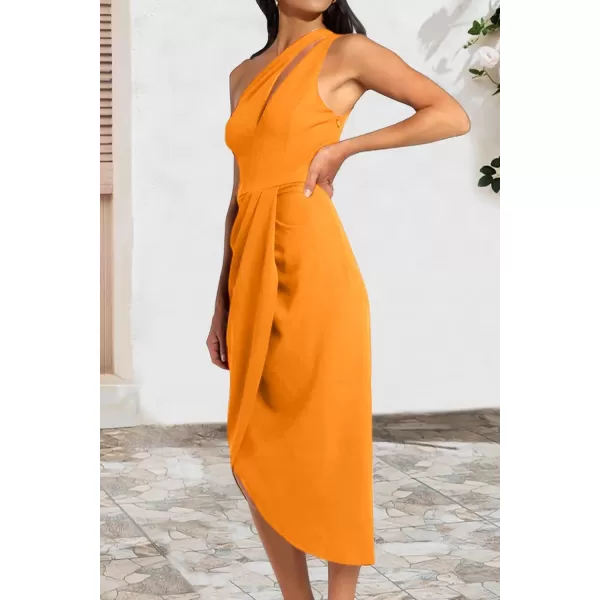 imagePRETTYGARDEN Womens One Shoulder Ruched Bodycon Dress 2024 Summer Cutout Slit Wrap Party Cocktail Midi DressesTurmeric