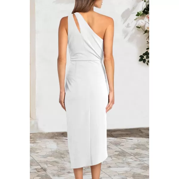 imagePRETTYGARDEN Womens One Shoulder Ruched Bodycon Dress 2024 Summer Cutout Slit Wrap Party Cocktail Midi DressesWhite
