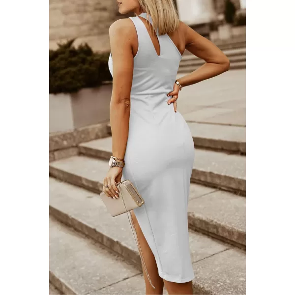 imagePRETTYGARDEN Womens One Shoulder Ruched Bodycon Dress 2024 Summer Cutout Slit Wrap Party Cocktail Midi DressesWhite